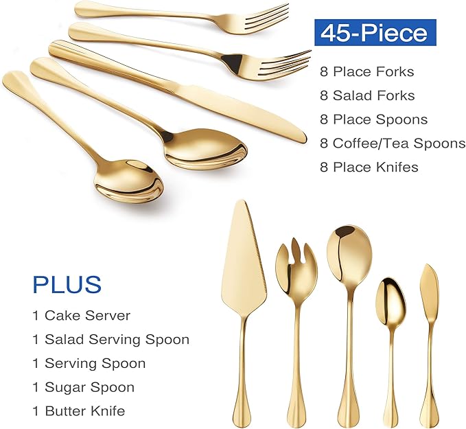 Gold Silverware Flatware Set, HF HOFTEN 45-Piece Stainless Steel Durable Cutlery Serving Set, Service for 8, Modern Elegant Design for Home/Hotel/Restaurant, Mirror Polished & Dishwasher Safe