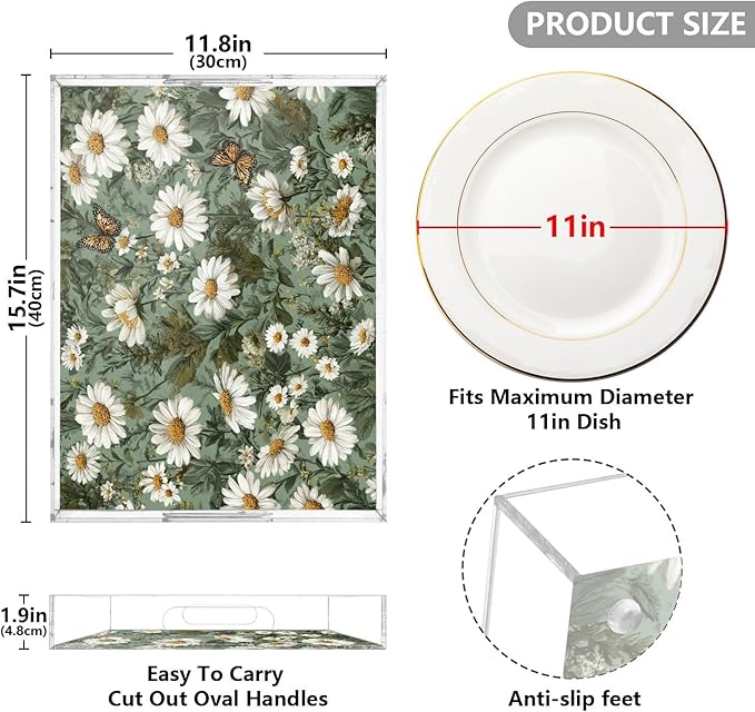 Serving Tray with Handles Clear Acrylic Tray 12x16 Inch Decorative Rectangular Tray Organizer for Ottoman Coffee Table Bathroom Summer Daisy Butterfly Green