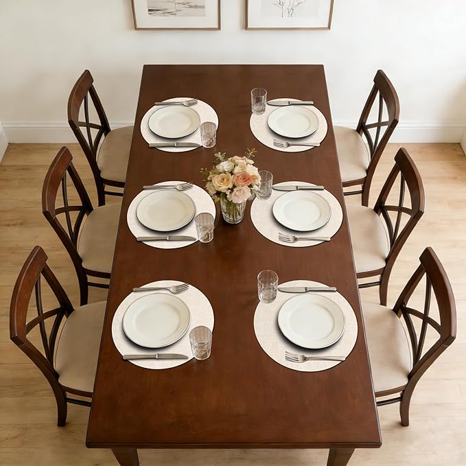 Maxpearl Round Placemats Set of 6, 13.8 inch Faux Leather Heat Resistant Table Mats, Non Slip Waterproof Wipeable Place Mats for Kitchen Dining Holiday Party Table Settings, Beige