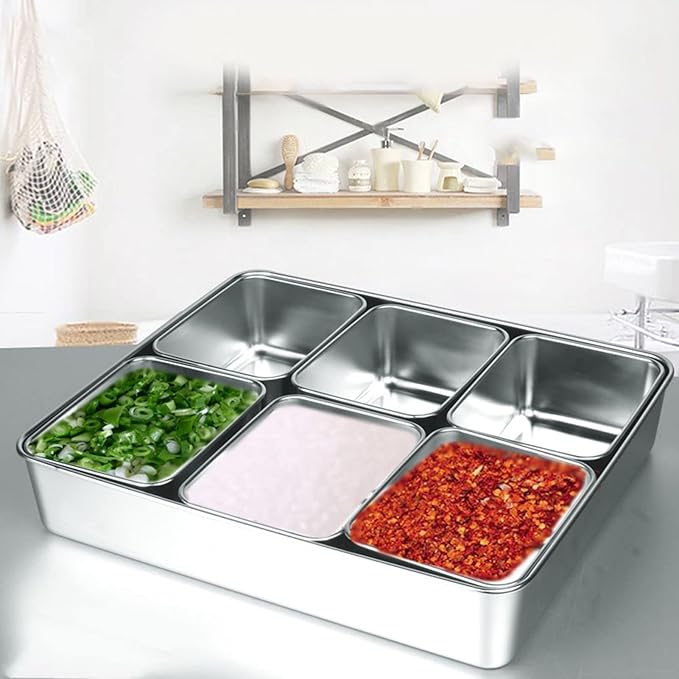 Condiment Containers with Lids, 6 Grids Salt and Sugar Container Sets, Spice Containers with Spoon, Divided Food Storage Containers Condiment Caddy Condiment Dispenser