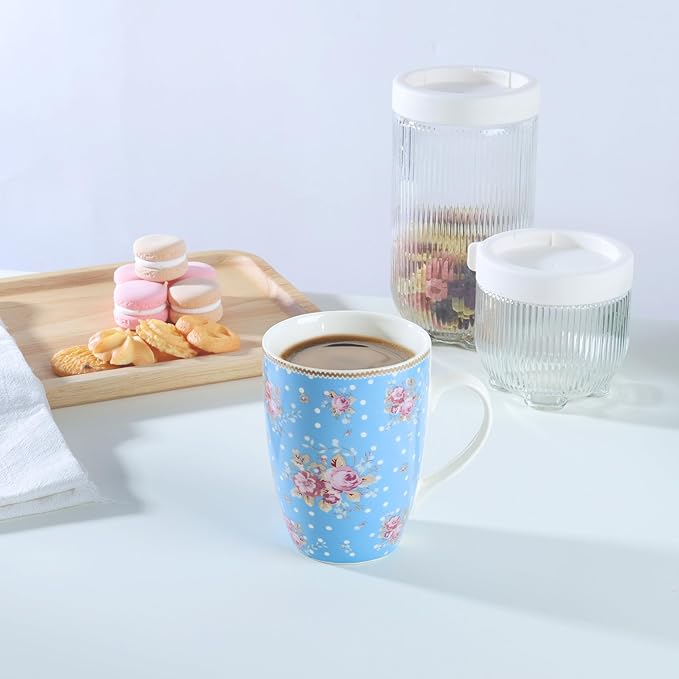 fanquare 10 Ounce Blue Floral Polka Dot Mug Set of 4, Ceramic Coffee/Tea Mugs with Pink Flower Pattern, Cute Drinkware for Home Office, Microwave & Dishwasher Safe
