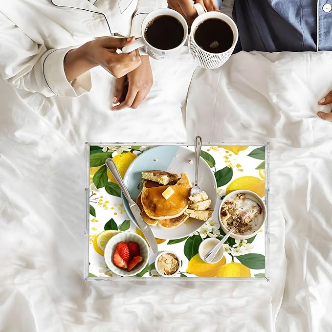 Serving Tray with Handles Clear Acrylic Tray 12x16 Inch Decorative Rectangular Tray Organizer for Ottoman Coffee Table Bathroom Yellow Lemon Flowers