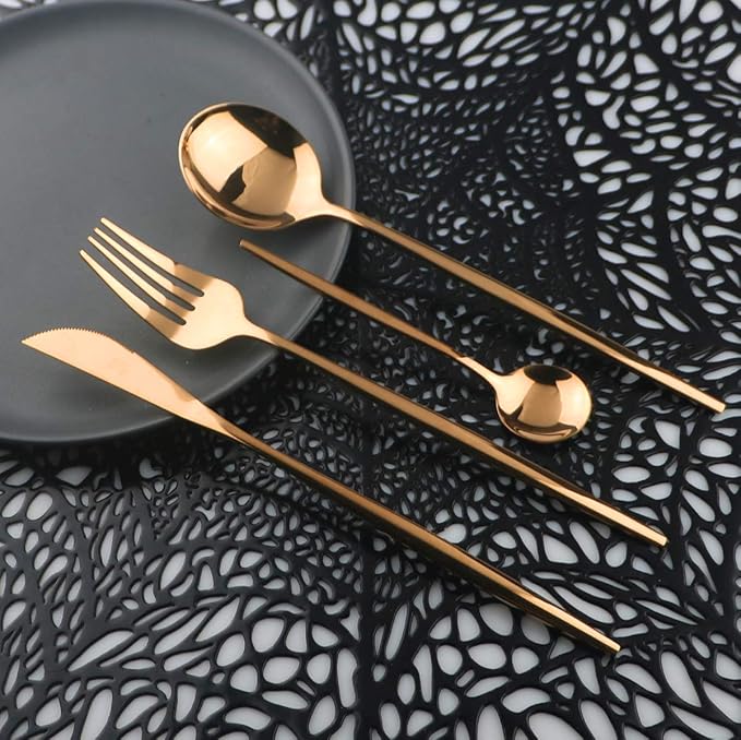 Mirror Polished Copper Silverware Set,24-Piece 304 Stainless Steel Satin Finish Flatware Set,Kitchen Utensil Set,Tableware Cutlery Set for Home and Restaurant, Dishwasher Safe Service For 6