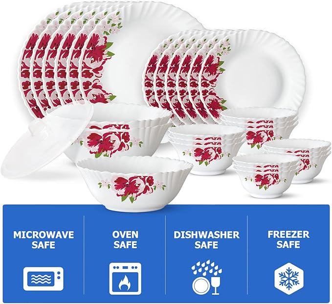 Borosil Gourmet Dinnerware Set For 6, 35 Pieces, White Dinner Plates and Bowls, Chip Resistant Tempered Opal Glass, Stain Resistant, Dishwasher & Microwave Safe Dinner Set For Gifting, Serves 6