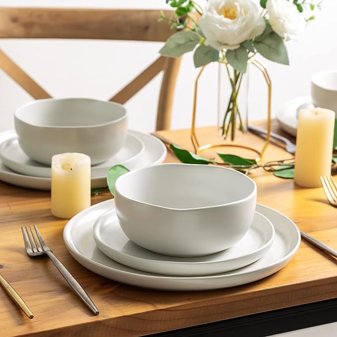 AmorArc Ceramic Dinnerware Sets, Wavy Rim Stoneware Plates and Bowls Sets, Highly Chip and Crack Resistant | Dishwasher & Microwave Dishes set, Service for 4 (12pc)-4 Color