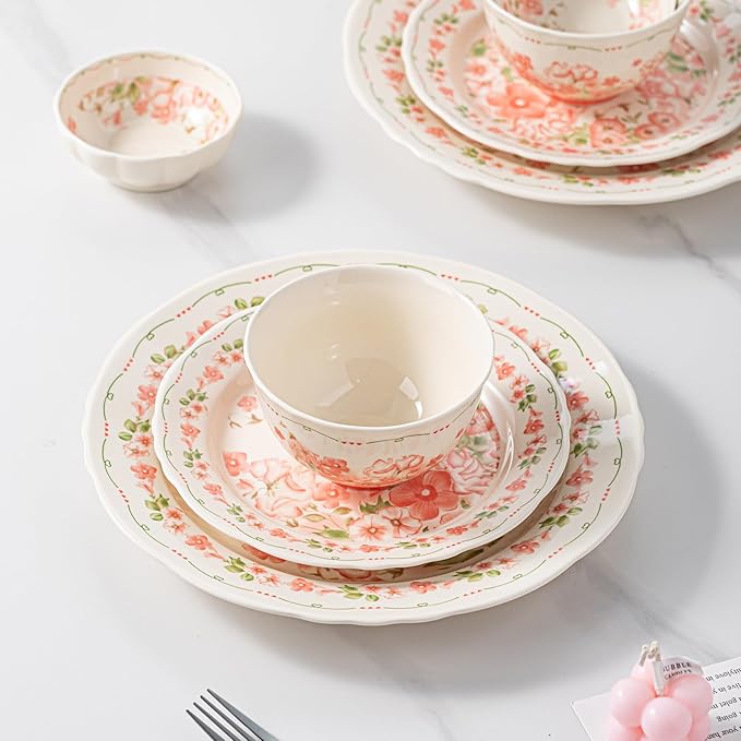 24 Piece Dinnerware Sets for 6， Scratch Resistant,microwave oven and Dishwasher Safe Plates and Bowls Sets Ceramic, Dish Set, Bowl and Plate Set -Pink peach blossom pattern