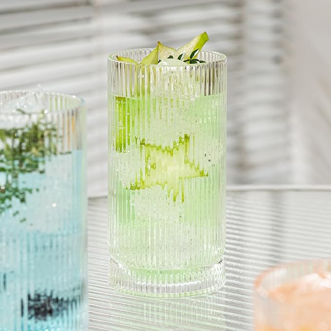 POLIDREAM 16oz Ribbed Glassware, Vintage Drinking Glasses Set of 4, Cocktail Glass Cups, Elegant Tom Collins Glasses, Highball Ribbed Glasses Ideal for Water, Iced Coffee, Juice, Beer, Milk