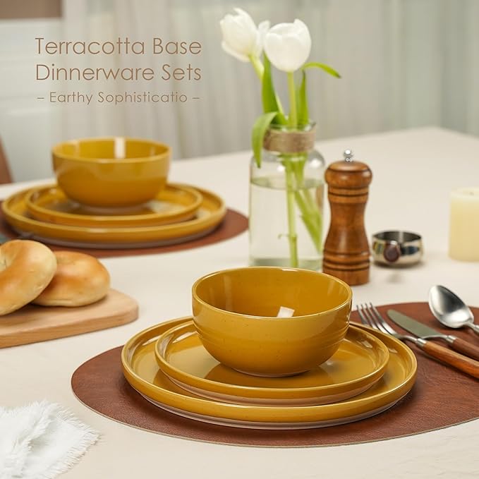 12 Pieces Farmhouse Stoneware Dinnerware Sets, Speckled Ceramic Plates and Bowls Set, Matte Terracotta Underside Ceramic Dishes Set for 4, Scratch Resistant Microwave & Dishwasher Safe (Ginger Gold)