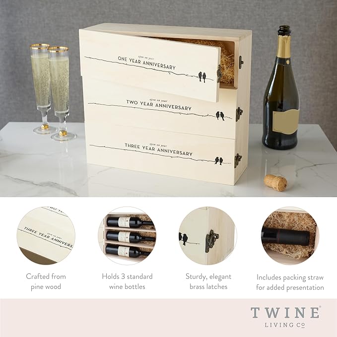 Twine Newlywed's Anniversary Wooden Gift Box with Lids and Brass Latches, Fits 3 Standard Wine Bottles, Wedding Keepsake Boxes, Decorative Storage Case for Mementos