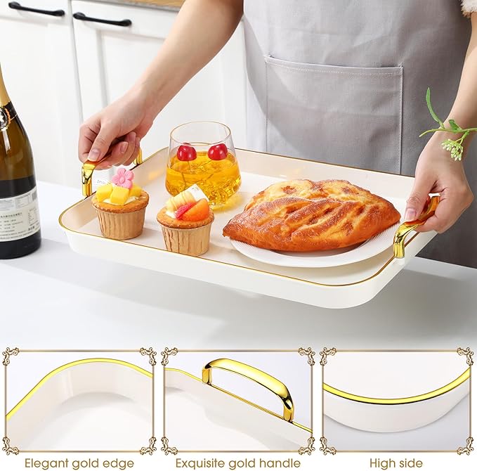 Rtteri Set of 6 Serving Platters with Handles 18.3/16.73/14.8 Inch Large Rectangular Serving Tray Reusable for Entertaining Dinner Party Wedding Decoration(Golden Handles,White)