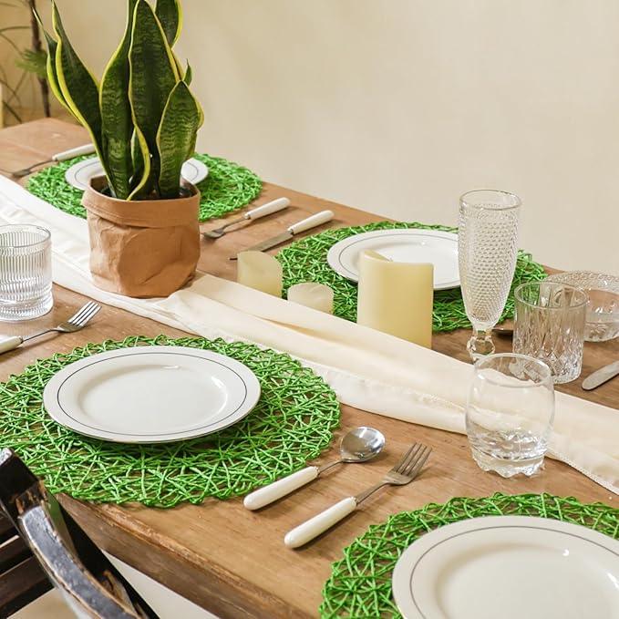 AHHFSMEI Paper Braided Round Placemats Set of 8 Natural Non-Slip Heat Resistant Table Mats for Dining Tables Woven Indoor Outdoor Place mats for(Forest Green,8)