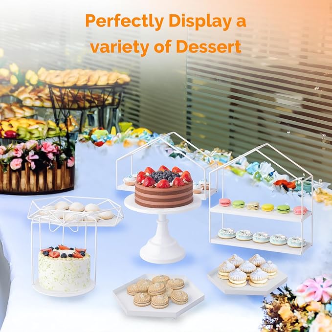 ROVSUN 7PCS Gold Cake Stand Set, Dessert Table Display Set, Metal Cupcake Stand, Cupcake Holder Fruit Candy Plate Serving Tower Tray Platter for Birthday Party Wedding Baby Shower Anniversary，White