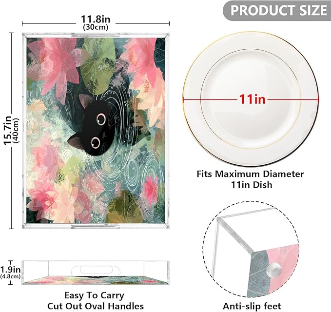 Serving Tray with Handles Clear Acrylic Tray 12x16 Inch Decorative Rectangular Tray Organizer for Ottoman Coffee Table Bathroom Cat Lotus Flowers Blue