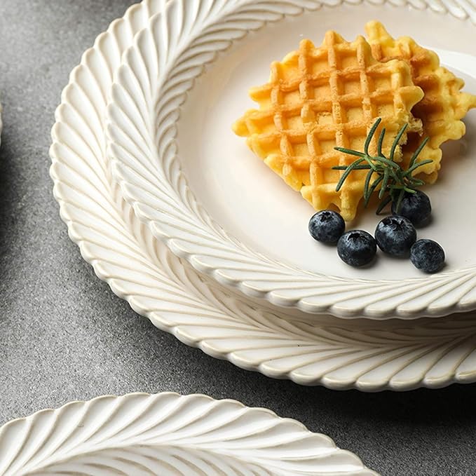 New Dinnerware Sets,Ceramics Dinner Sets, 25 Pieces White Glaze Porcelain Dinnerware Set| Retro Relief Cereal Bowl and Steak Plate Set