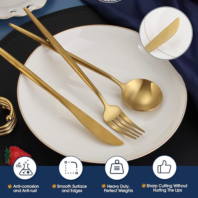 Matte Gold Silverware Set,BEGEEL 20-Piece Stainless Steel Flatware Set for 4, Satin Finish Tableware Cutlery Set,Premium Utensil Set,Utensil Sets for Kitchen Home and Restaurant,Dishwasher Safe
