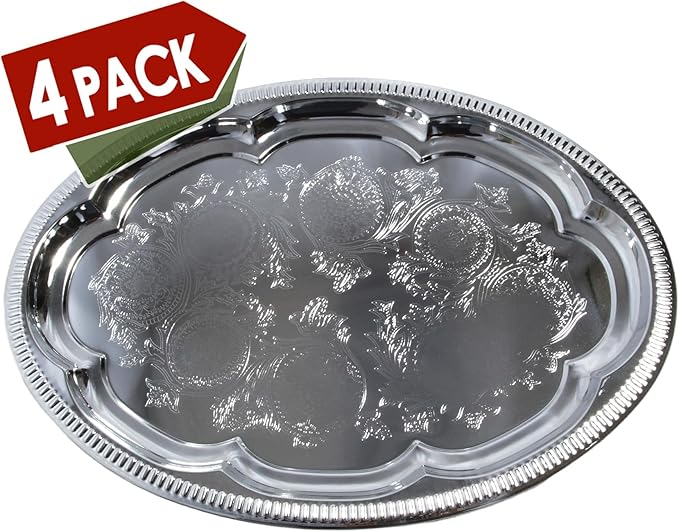 (Pack of 4) 18.1 inch x 13.3 inch Traditional Oval Floral Pattern Engraved Catering Chrome Plated Serving Plate Mirror Tray Platter Metal Tableware Holiday Party Large T225-4PK
