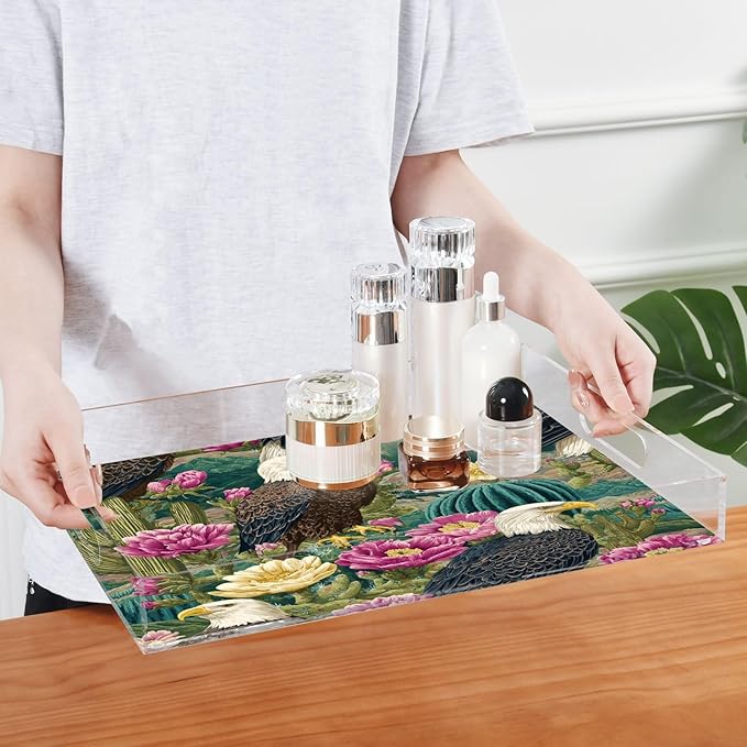 Serving Tray with Handles Clear Acrylic Tray 12x16 Inch Decorative Rectangular Tray Organizer for Ottoman Coffee Table Bathroom Green Bald Tagles and Cactus Flowers02