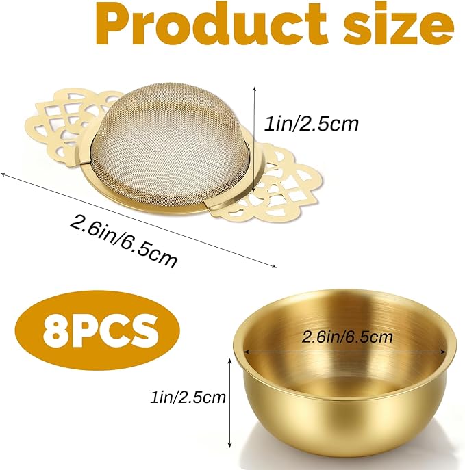 8 Pack Tea Strainer Bowl, 304 Stainless Steel Tea Drain Strainer TeaFilter Mesh TeaDrip Bowls Teapot Strainers With Petal Handles TeaDivider for 2.5-4 Inch Cup Mouth, Gold