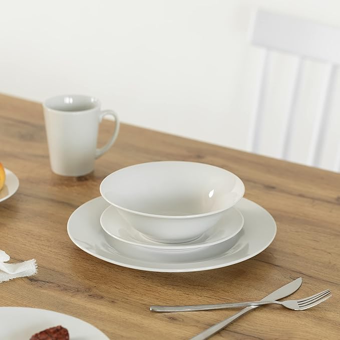 16 PC Rimmed Dinnerware Set for 4 Person | Mugs, Salad and Dinner Plates and Bowls Sets, Dishes with Highly Chip and Crack Resistant, Dishwasher and Microwave Safe, White. QI004500