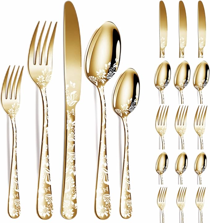 vilihkc Vilihkc 20 piece Unique Pattern Design Silverware Set, Stainless Steel Flatware Set Service for 4, gold Cutlery Set, Mirror Polished Utensil Set for Kitchen, Dishwasher Safe