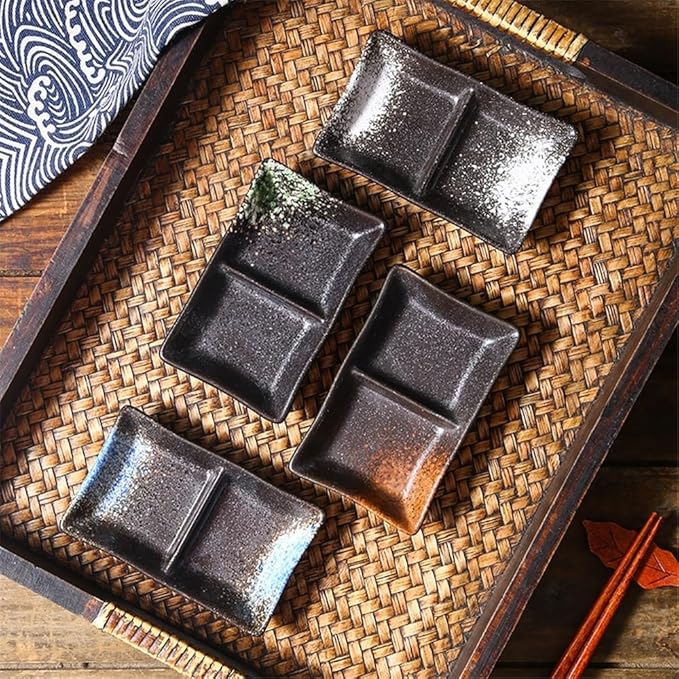 Appetizer Plates Double-grid Ceramic Soy Sauce Plate Barbecue Seasoning Dipping Dish Divide Sushi Meals Dishes for Condiment(Black)