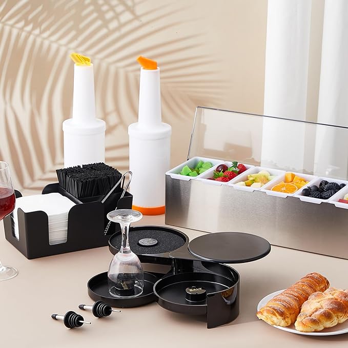 Mifoci Bartending Supplies Garnish Tray with Lid Bar Caddy 3 Tier Glass Rimmer 12 Stainless Steel Bottle Pourers 2 Juice Pour Bottle 1000 Cocktail Straw 3 Serving Tong(6 Compartments,Stainless Steel)