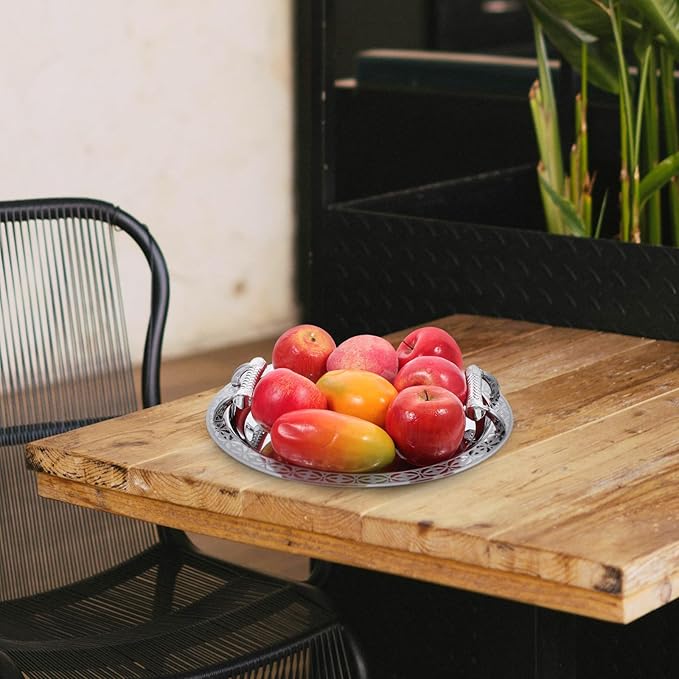 European Style Round Pattern Fruit Serving Tray Silver Decorative Dessert Table Plate Candy Holder for Home Kitchen Dining