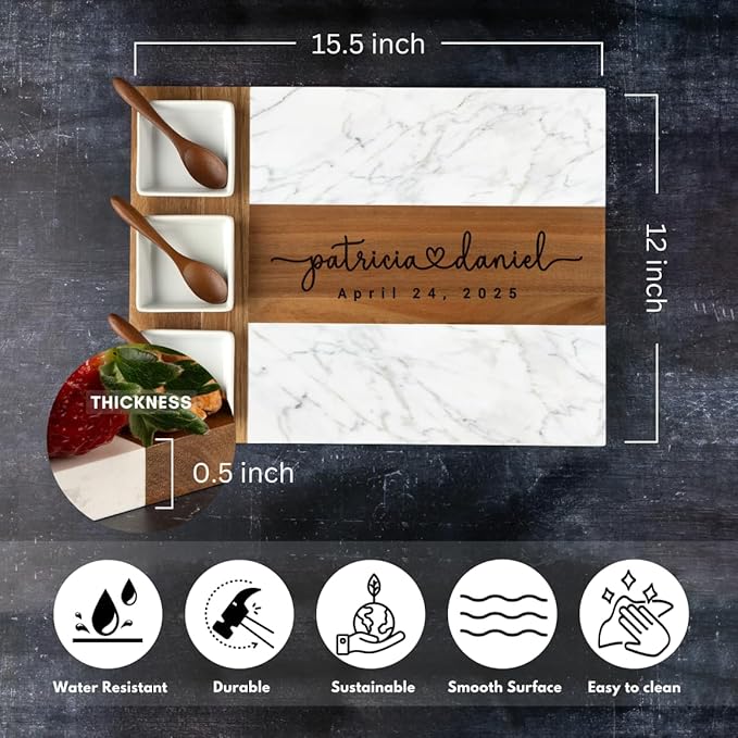 Personalized Charcuterie Board Wedding Gift - Custom Marble Cheese Board, Customizable Kitchen Gifts for Couples, Wood Engraved Bridal Shower Gifts