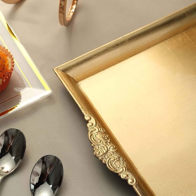 Efavormart 2 PCS - Gold 14" x 10" Rectangle Decorative Plastic Serving Trays with Embossed Rims for Wedding Birthday Party
