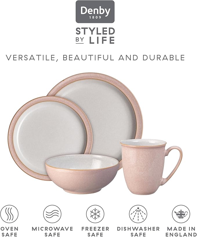 Denby - Elements Sorbet Pink Dinner Set For 1-4 Piece Ceramic Tableware - Dishwasher Microwave Safe Crockery Single Place Setting - 1 x Dinner Plate, 1 x Small Plate, 1 x Cereal Bowl, 1 x Coffee Mug