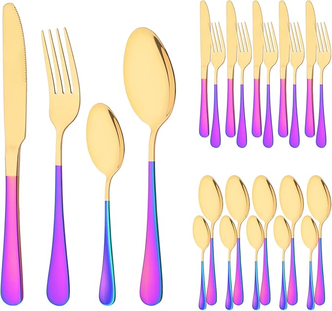 Gold Silverware Set with Shiny Rainbow Handle - 24 Pcs Flatware Cutlery Set for 6 - Spoons Forks Knifes Utensils Tableware Set for Home & Wedding - Mirror Polished and Dishwasher Safe