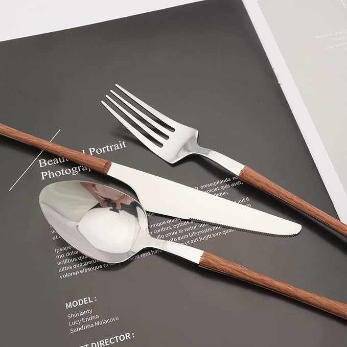 25 PCS Silverware Set with Storage Holder - Family Flatware Set Service for 6 - Silver Stainless Steel Cutlery Set with Wood Grain Handle - Tableware Utensils Set with Hanging Rack - Mirror Polished