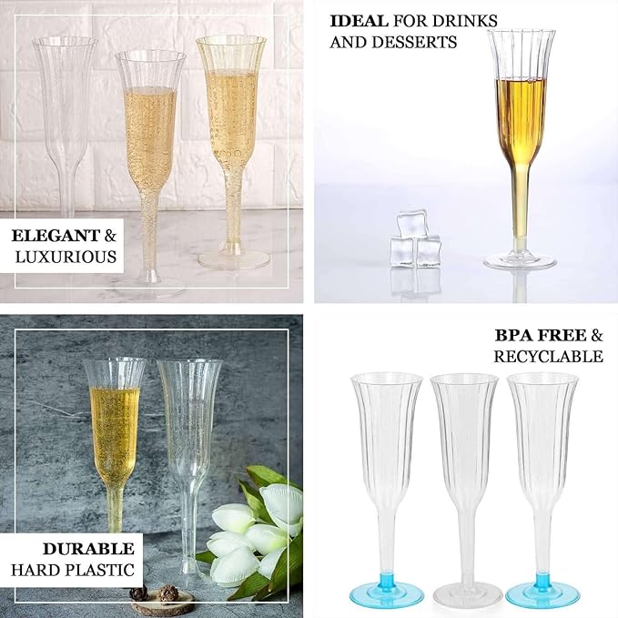 TCF Linen 12 Pack Transparent Blush Plastic Champagne Flutes, 6oz Flared Disposable Glasses Elegant Reusable Look Shatterproof Stemware for Weddings Parties Catering Toasts
