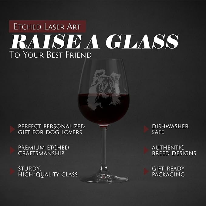 Etched Laser Art Personalized Dog Themed Etched Wine Glass - Custom Dog Breed Wine Glasses, Ideal for Pet Lovers, Unique Birthday Gift for Men & Women, Personalized Gift - Shetland Sheepdog, 12.75 oz
