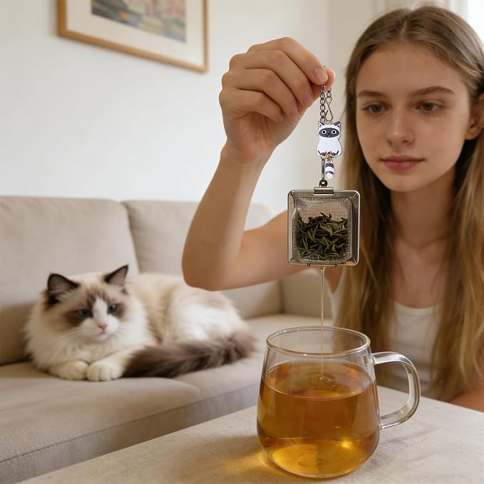 Cat Tea Infuser Set, 2PCS Cubic Loose Leaf Tea Steeper Reusable Stainless Steel Mesh Bags, Cute Tea Strainer with Moving-Tail Cat Charms (Ragdoll & Tortoiseshell)