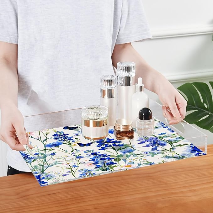 Serving Tray with Handles Clear Acrylic Tray 12x16 Inch Decorative Rectangular Tray Organizer for Ottoman Coffee Table Bathroom Dark Bluebonnet Cornflower