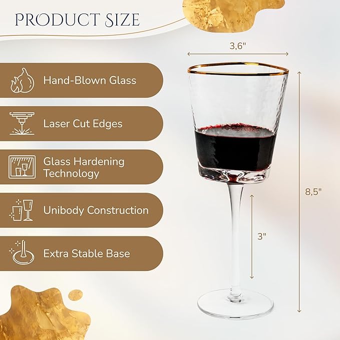 Bec's Designs Gold Rimmed Wine Glasses – Set of 4, 10oz Handblown Hammered Glass, Unique Triangular Shape – Elegant Stemware for Red, White & Champagne