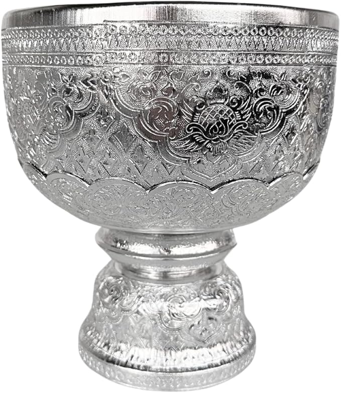 Thai Buddhism Bowl & Tray with Embossed Patterns, Silver Aluminum, Vintage Collection (16 CM)