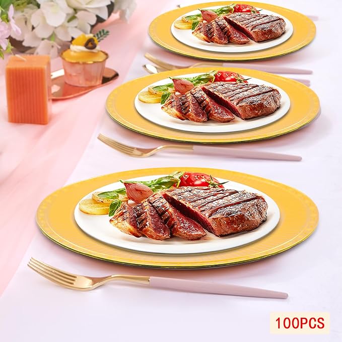 100 Pcs Antique Charger Plates Bulk 13 Inch Embossed Rim Plastic Party Dinner Plate Chargers Round Decorative Server Plate for Wedding Party Event Tableware (100pcs-gold11)