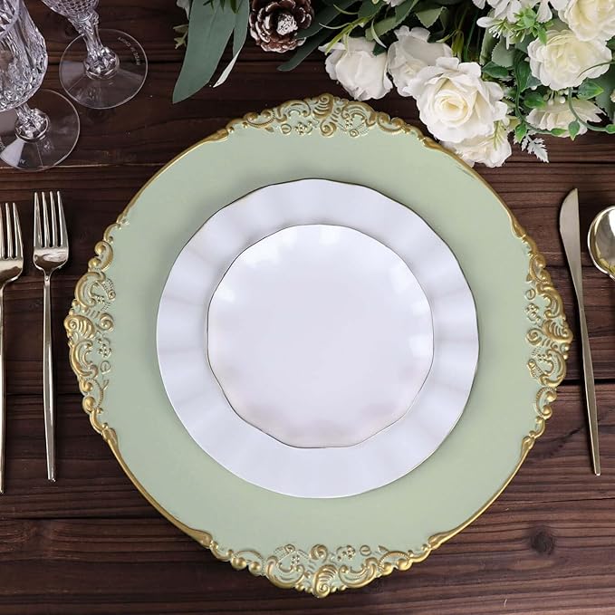 13" Charger Plates -Set of 24 - Acrylic Sage Green Round Baroque Disposable Chargers Leaf Embossed Rim, Ideal for Dinner Party Wedding Bulk Events