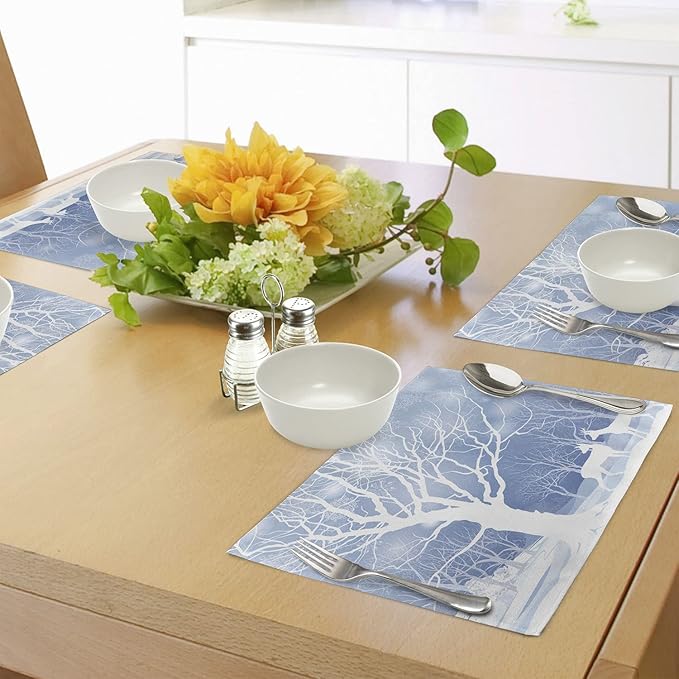 Ambesonne Winter Place Mats Set of 4, Abstract Winter Imagery with Snowy Weather Deer and Other Animals Seasonal Theme, Washable Fabric Placemats for Dining Table, Standard Size, Baby Blue