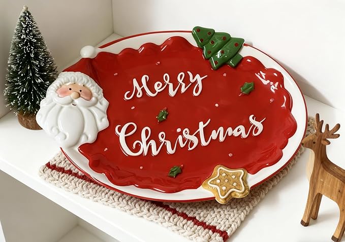 Red Oval Xmas Snacks Appetizer Trays Sets, Christmasman Dessert Porcelain Serving Dishes, Snack Platter, Food Cereal Salad Bowl, Christmas Santa Claus High Relief Ceramic Plate - Red