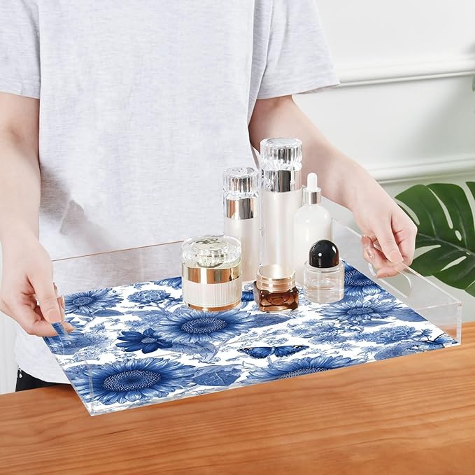 Serving Tray with Handles Clear Acrylic Tray 12x16 Inch Decorative Rectangular Tray Organizer for Ottoman Coffee Table Bathroom Vintage Blue Sunflowers and Butterflies