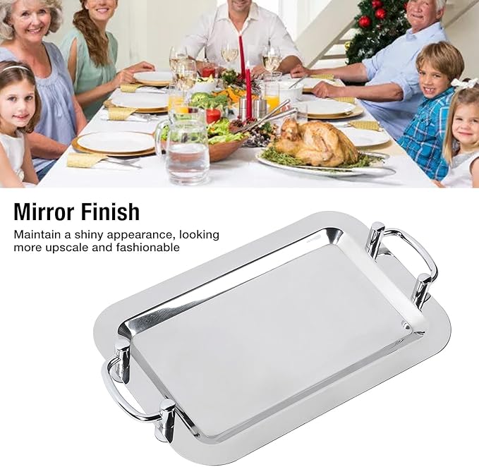 Stainless Steel Serving Tray,Mirrored Silver Tray Bright Mirror Finish Serving Tray with Handle for Hotel Restaurant Banquet Wedding - Elegant and Durable Platter (Rectangular (Length 16.9in))