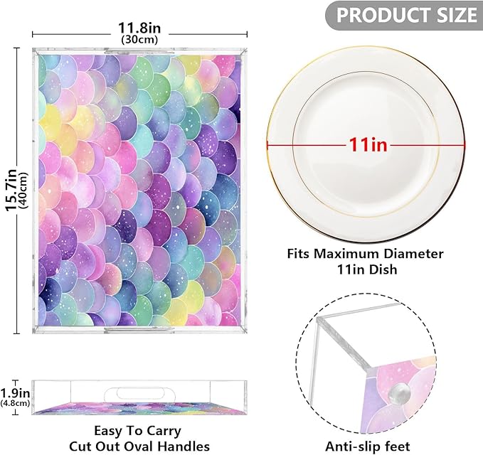 Serving Tray with Handles Clear Acrylic Tray 12x16 Inch Decorative Rectangular Tray Organizer for Ottoman Coffee Table Bathroom Watercolor Mermaid Scales Colors