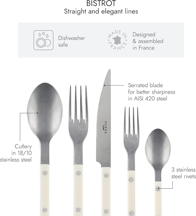 SABRE PARIS - 5-Piece Flatware Set - Bistrot Vintage Collection - Knife, Fork, Soup Spoon, Teaspoon & Dessert Fork - Stainless Steel & Nylon - Dishwasher Safe - Ivory - Mat Finish