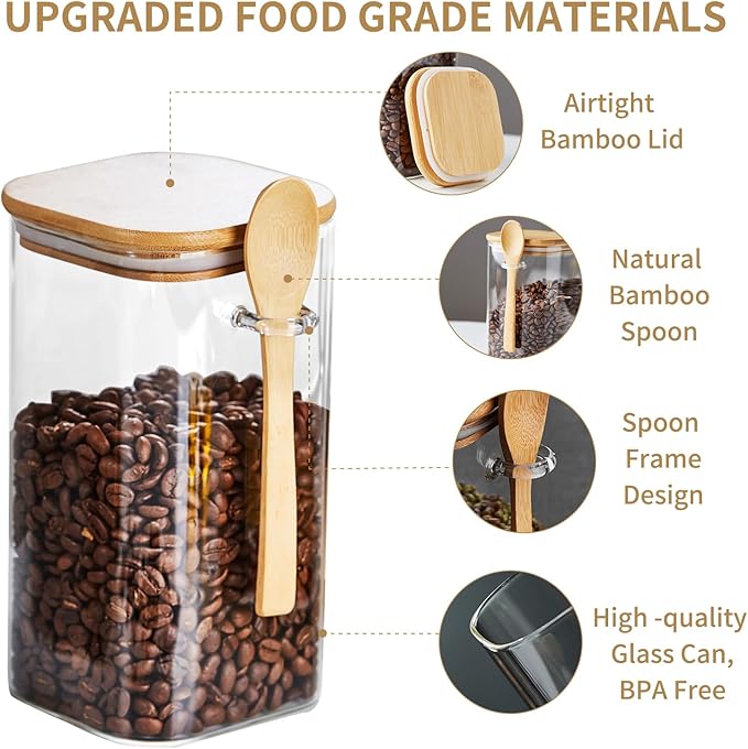 Glass Jars with Airtight Bamboo Lids and Spoons, 2PCS 1150ml/39oz Overnight Oats Containers with Lids, Glass Food Storage Containers for Coffee Beans, Flour, Sugar, Cookie, Pasta, Tea Leaf
