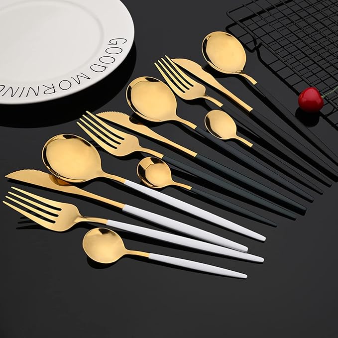 JASHII 24-piece Forks and Spoons Silverware Set with Stand, Metal Tableware Cutlery Set Titanium Black and Golden Plated Stainless Steel Flatware Set,Service for 6,Mirror Polished
