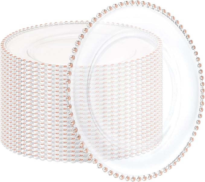24 Pack Clear Charger Plates 13 Inch Clear Plastic Charger Plates with Beaded Rim Acrylic Round Dinner Plates for Home Kitchen Catering Wedding Table Event Party Dinner Tabletop Decoration (Pink)