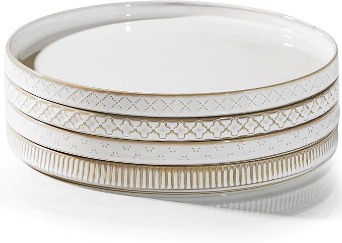 getstar 10.5” Ceramic Dinner Plates, Set of 4, Microwave & Dishwasher Safe, Salad Pasta Deep Plates with Embossments Set of 4